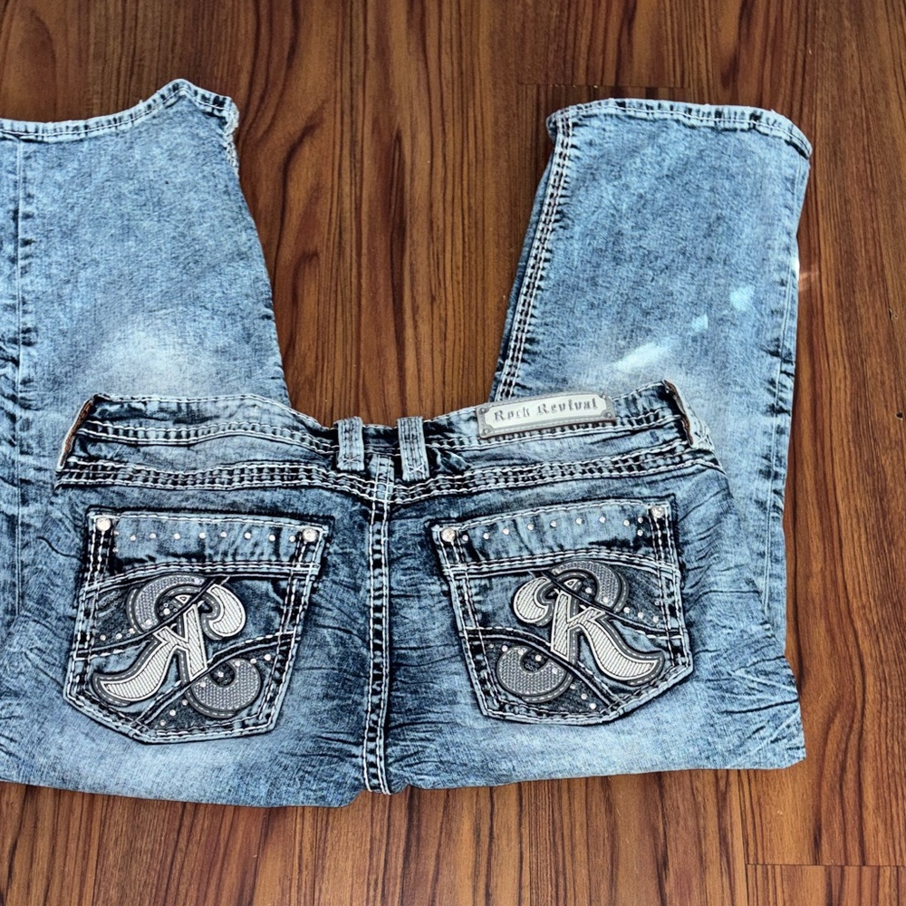 Rock Revival Women's Acid Wash Blue Bootcut Jeans with Embellished Back Pockets
